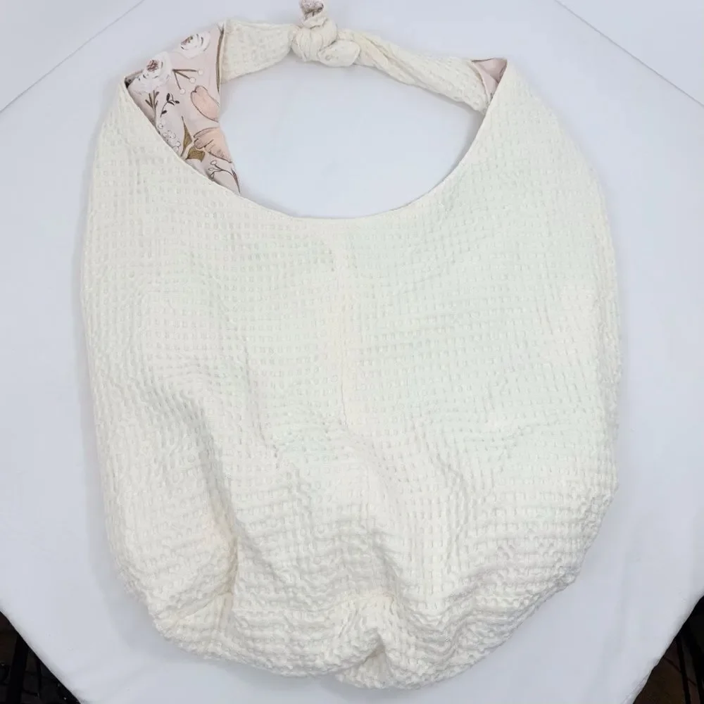 Baggagean and Co. Pink Floral Cream Waffle Knit Soft Reversible Fabric Hobo Bag